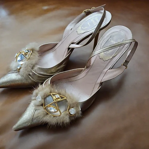 Rene Caovilla Gold Rhinestone Embellished Women's Heels 37 Used